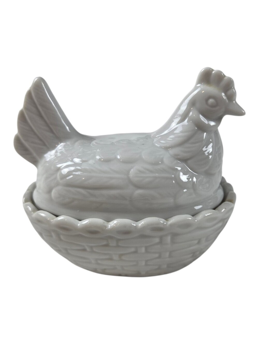 Vintage White Ceramic Nesting Hen Condiment Dish 4" with Spoon